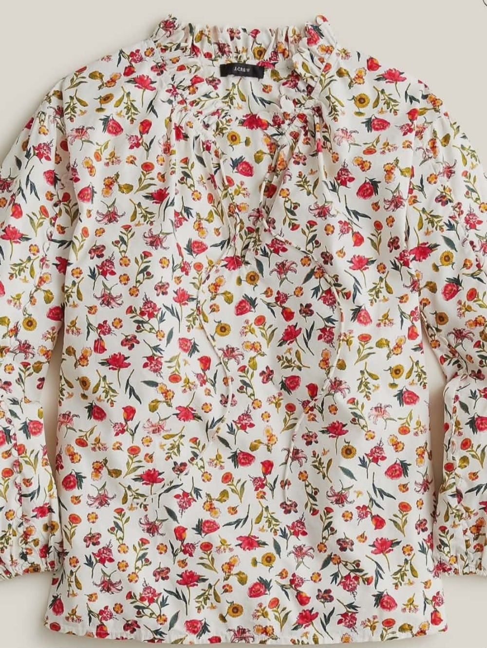 J. Crew Cream Floral Tie-Neck Ruffle Blouse